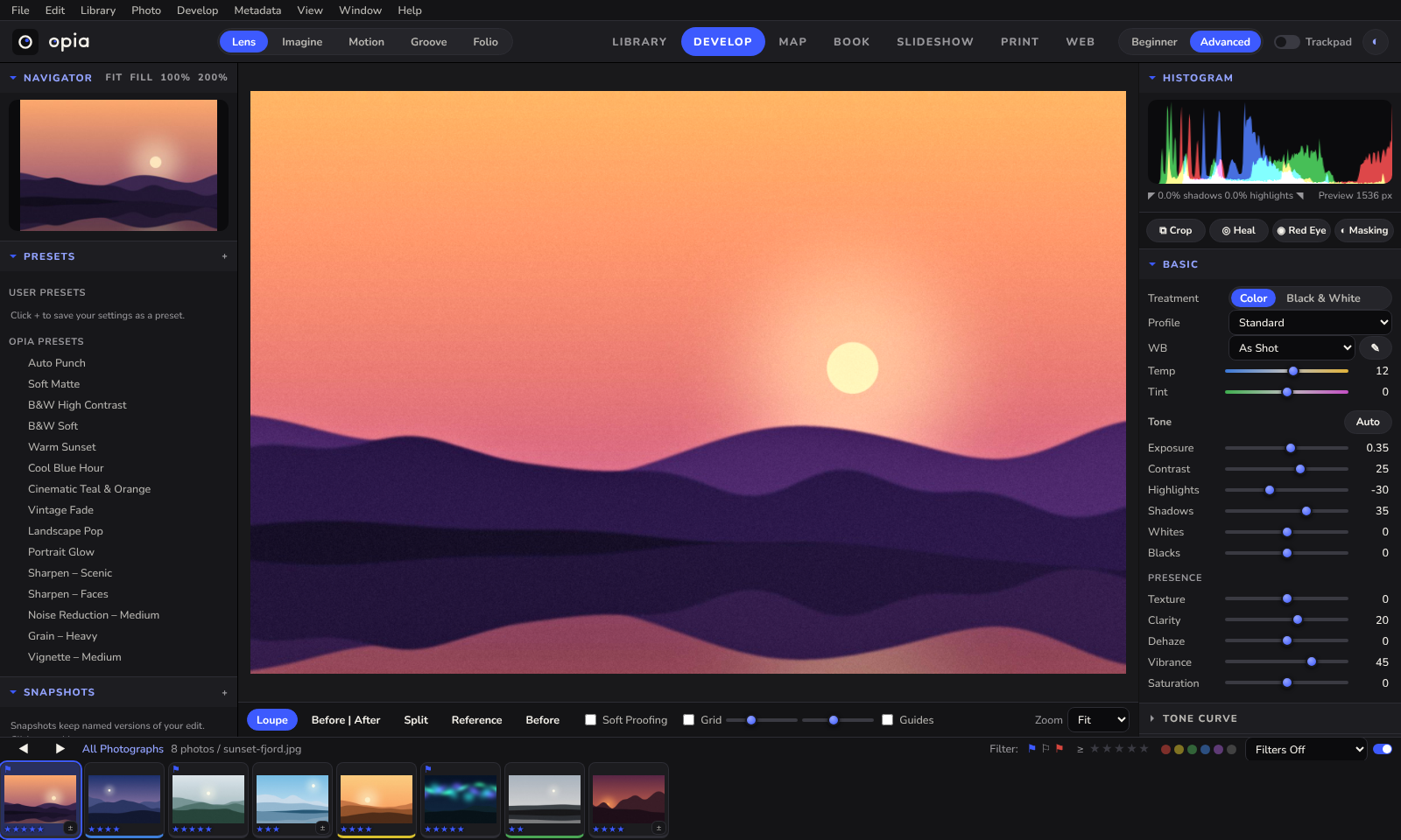 Lens, developing a sunset photo: exposure, contrast and vibrance raised